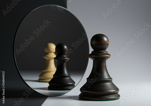 Pawn chess piece reflecting in mirror showing another pawn chess piece on black and white background. Dark pawn chess piece standing on the white surface
