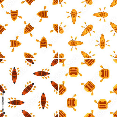 Seamless pattern with rowing boats, kayaks, canoes and paddles creating a dynamic water sports design