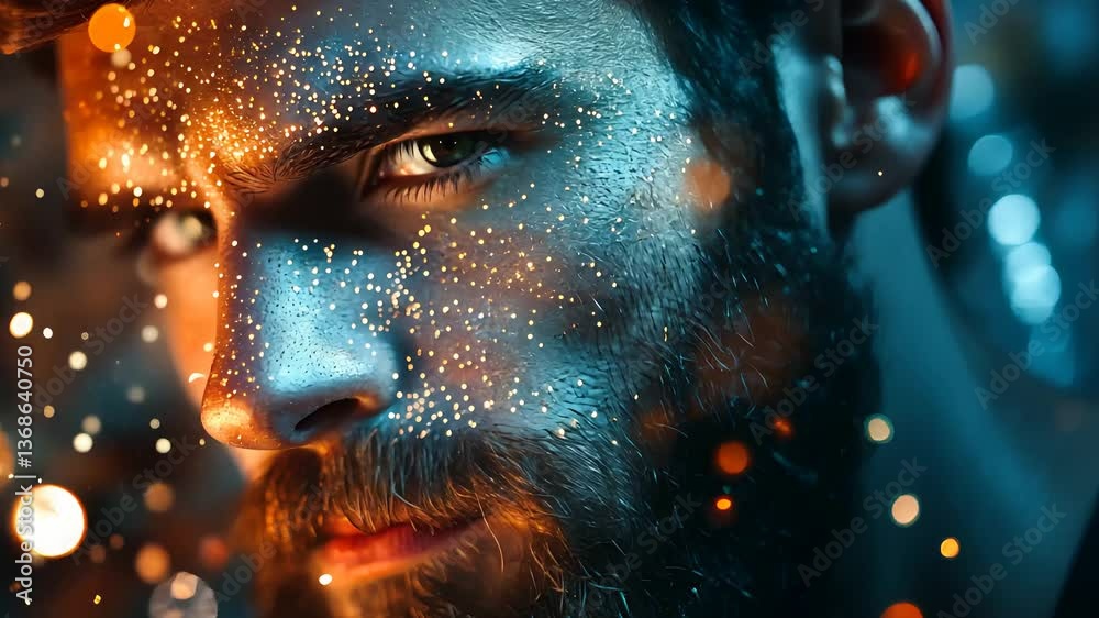 Man with Glowing Face and Beard in Sparkling Light with Bokeh Background Man with Glowing Face and Beard in Sparkling Light with Bokeh Background