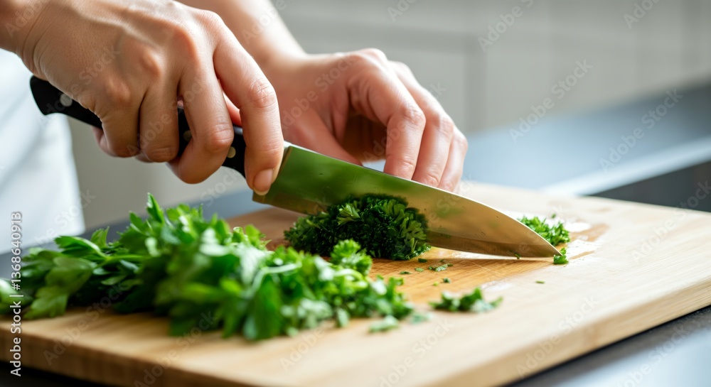 Close-up of hands chopping fresh parsley on wooden cutting board Close-up of hands chopping fresh parsley on wooden cutting board