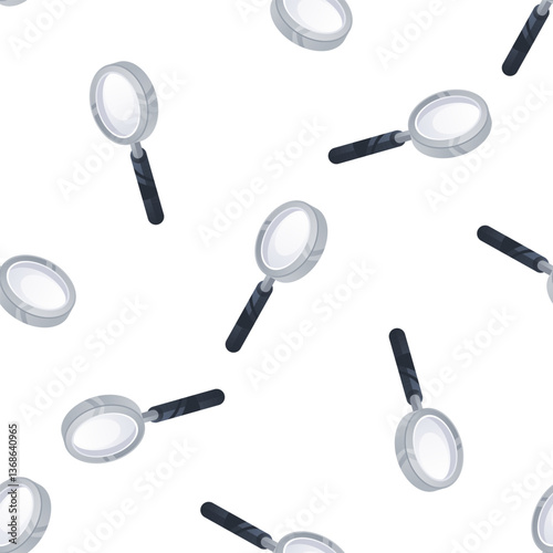 Magnifying glass seamless pattern repeating isometric magnifier on white background