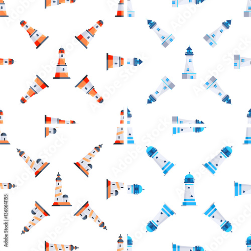 Seamless pattern with lighthouses guiding ships during navigation