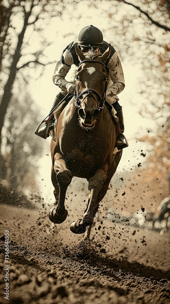 Naklejka premium Jockey and horse race powerfully, dirt flying.
