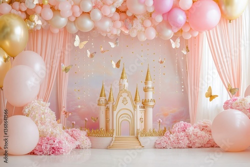 Golden princess castle in pink rainbow sky with decorations