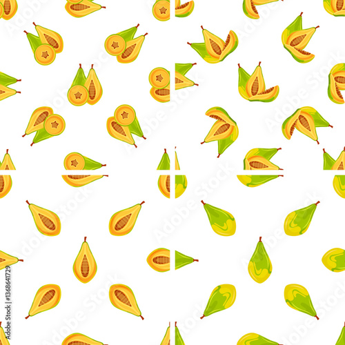 Seamless pattern of papaya fruit showing different slices on white background