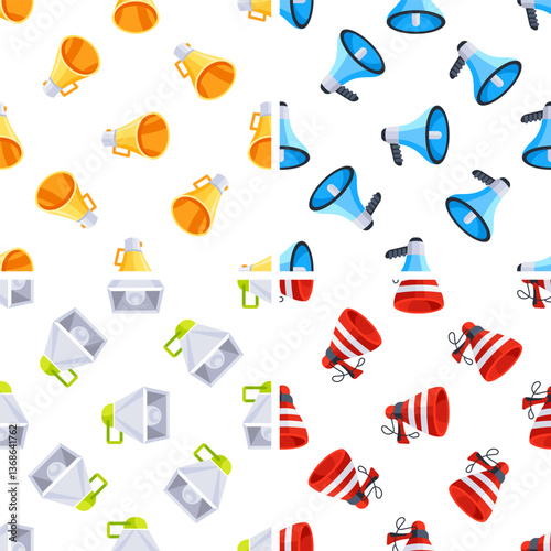 Seamless pattern with colorful megaphones and loudspeakers promoting advertising and communication