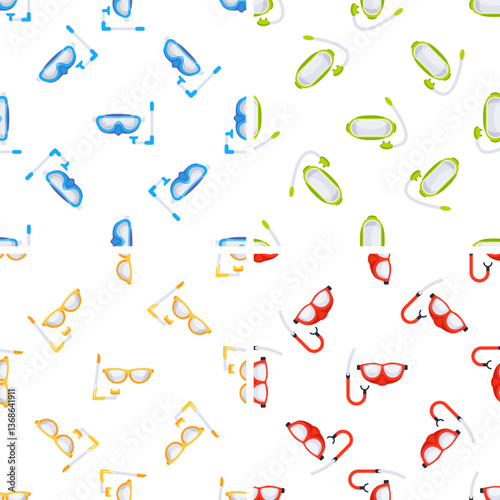 Colorful diving masks and snorkels forming a seamless pattern on white background