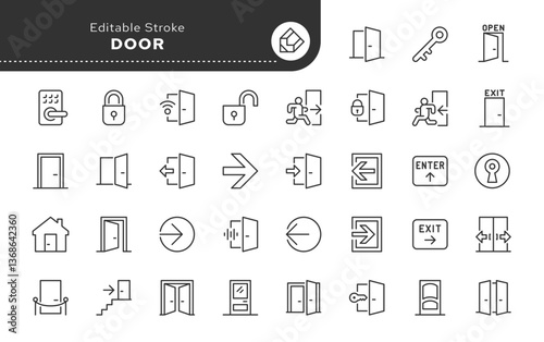 Door line icon set. Open, closed and smart door, enter, exit, padlock, lock and key and more. Outline vector icon in linear style. Pictogram collection