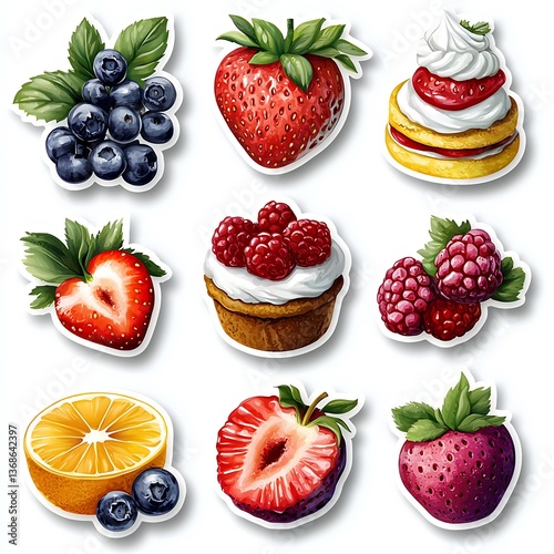 Nine vibrant fruit and dessert illustrations.