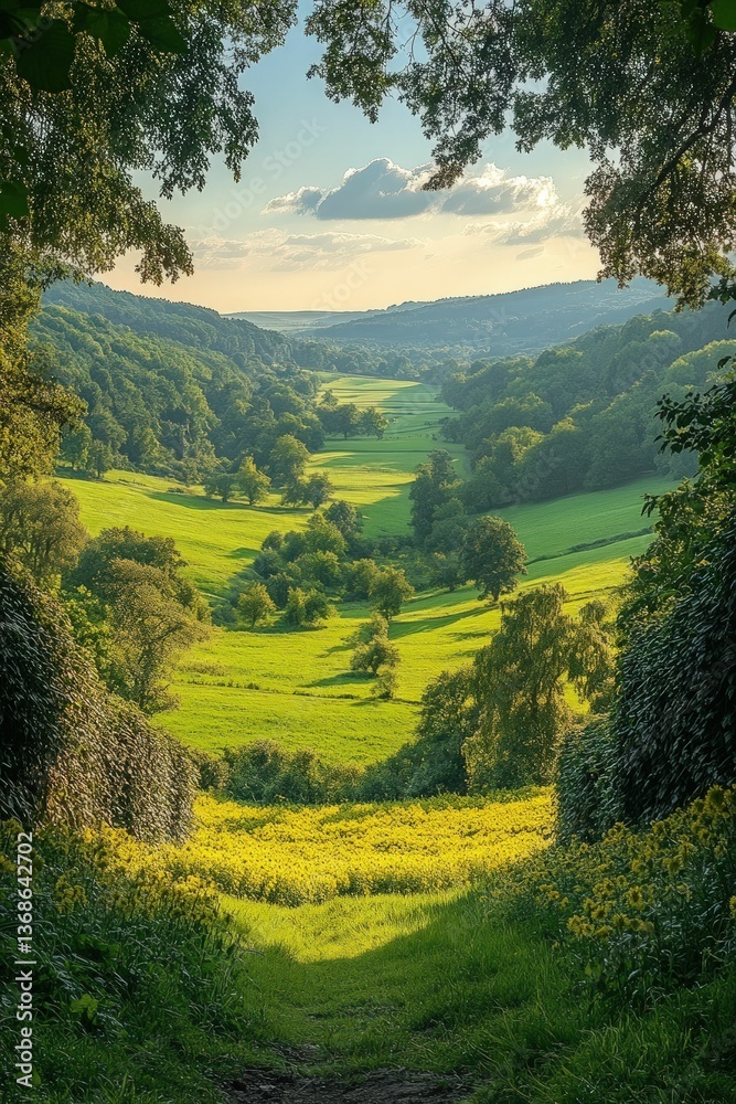 Obraz premium Serene valley vista, vibrant green fields, yellow wildflowers.