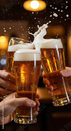 Hands clinking glasses of lager beer with foam  splash overflowing, cheerfully celebrating in pub, bar. Perfect for Oktoberfest, St. Patrick's Day, festive parties, beer promo. Copy space