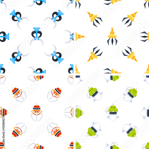 Robotic arms and grippers seamless pattern showing different types of industrial manipulators