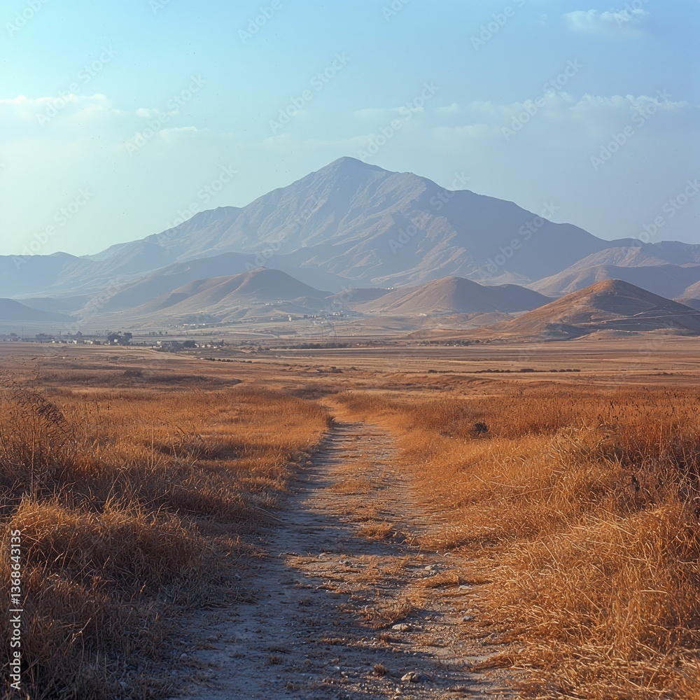 Obraz premium Serene path winds towards majestic mountains.