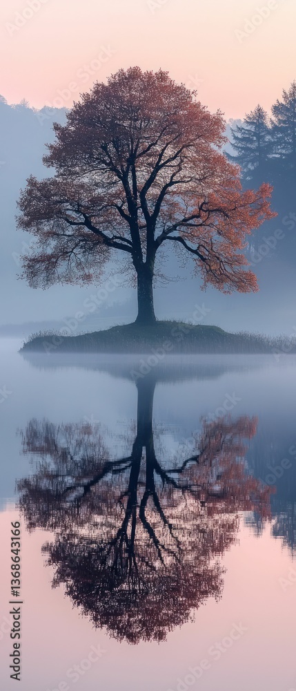 Naklejka premium Serene autumn tree mirrored in still water.