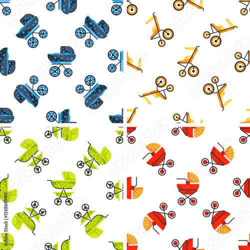 Colorful baby strollers seamless pattern representing newborn childcare and parenting