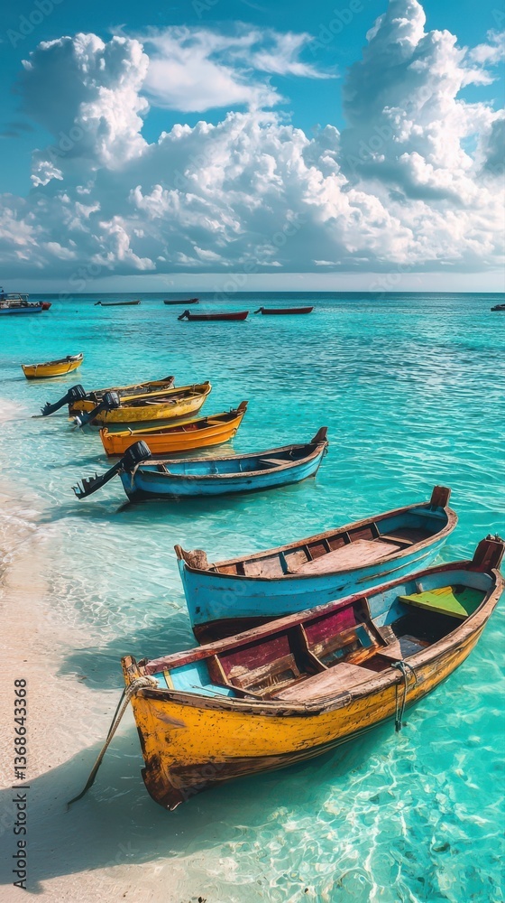 Serene tropical escape colorful boats amidst turquoise waters Serene tropical escape colorful boats amidst turquoise waters