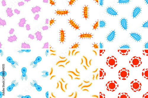 Seamless patterns with colorful cartoon viruses and bacteria floating on white background