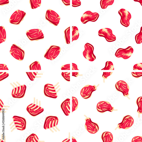 Seamless pattern showing various cuts of lamb and beef, celebrating meat and butchery