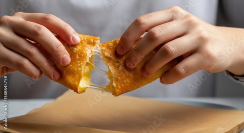 Hands pulling apart cheese-filled pastry with melted cheese stretching
