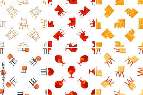 Seamless patterns with various chairs, armchairs, stools, director chairs and canvas chairs, creating a colorful and repetitive design