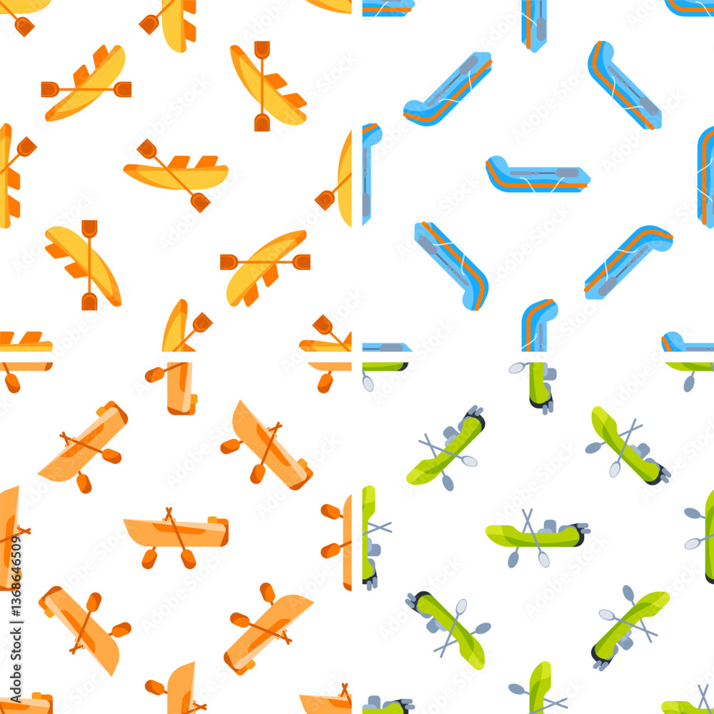 Seamless pattern with colorful kayaks and canoes on white background Seamless pattern with colorful kayaks and canoes on white background