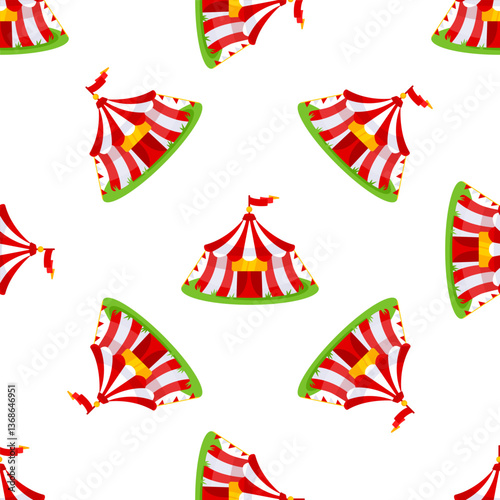 Red and white striped circus tent seamless pattern repeating on white background