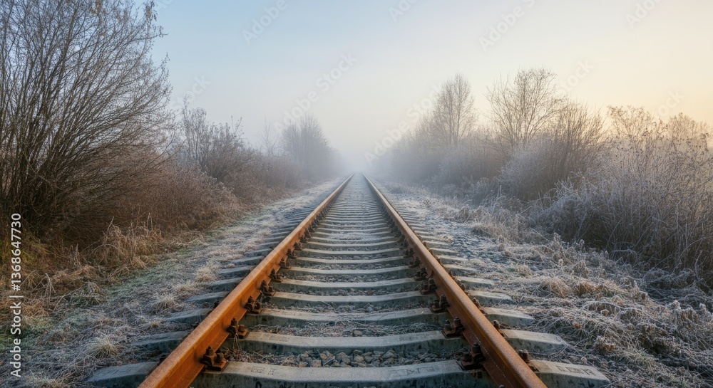 Fototapeta premium Frosty railway tracks extending into misty horizon, tranquil winter landscape