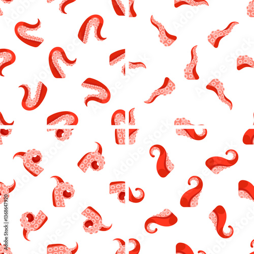 Seamless pattern with red octopus tentacles showing suction cups on white background