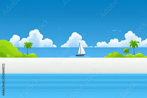 A beautiful tropical island featuring lush palm trees and a luxurious yacht anchored near the shore, set against crystal-clear waters and a bright, sunny sky