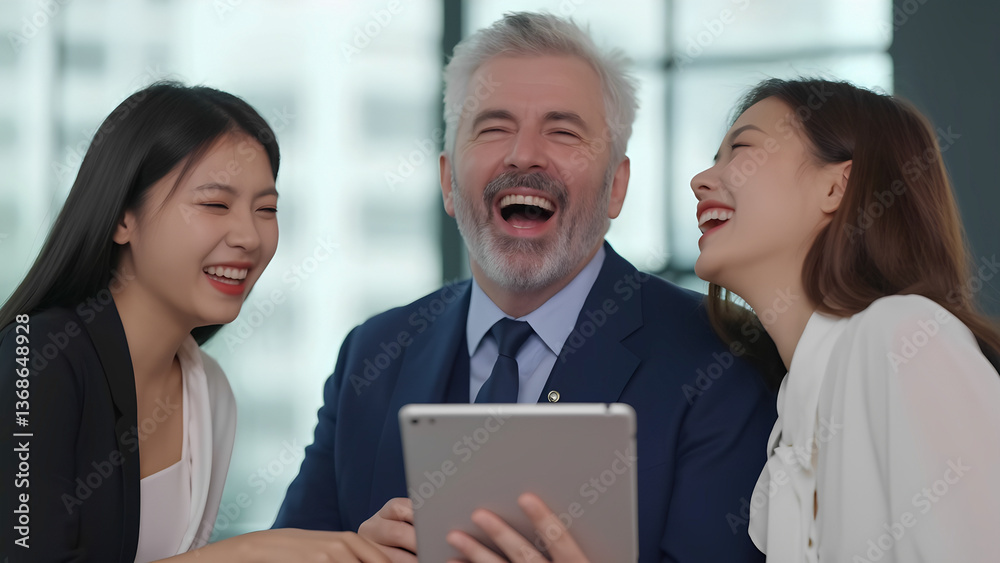 Diverse colleagues sharing laughter during office meeting with digital tablet Diverse colleagues sharing laughter during office meeting with digital tablet