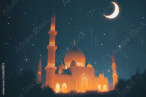 A beautiful illustration of a mosque with a crescent moon in the night sky, symbolizing the peaceful and spiritual essence of Ramadan Kareem