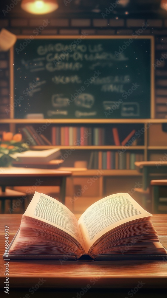 Fototapeta premium Open book on a wooden table in a classroom with colorful shelves and a chalkboard in the background during daytime