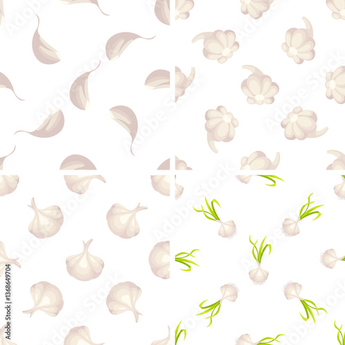 Seamless pattern with garlic cloves, heads and green sprouts showing different stages of growth