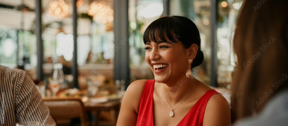 Obraz premium Joyful hispanic young female in elegant red dress at restaurant gathering