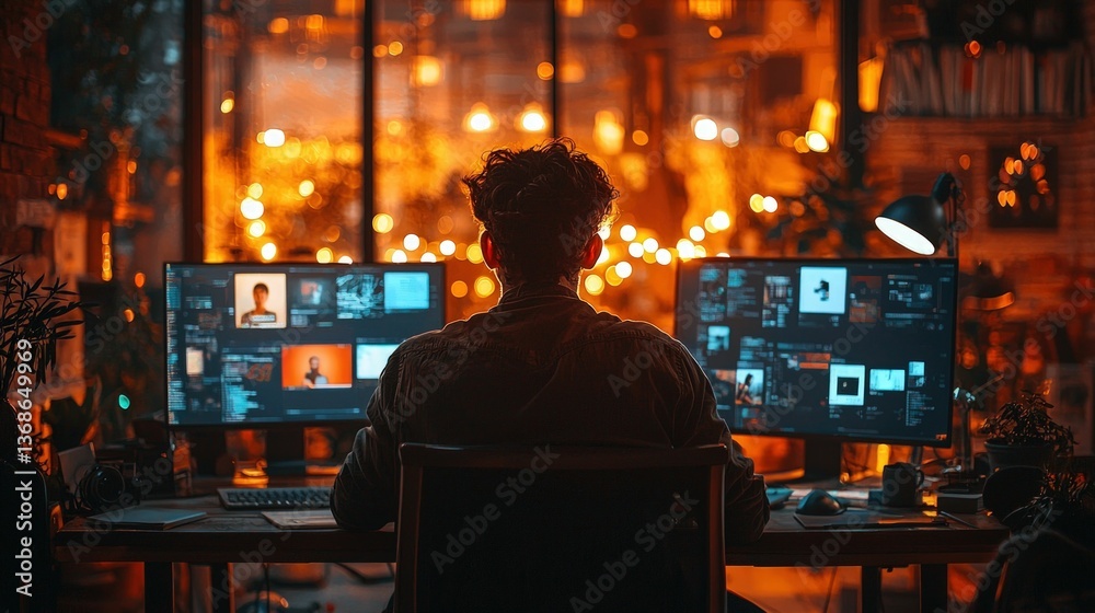 Nighttime video editor works dual monitors Nighttime video editor works dual monitors