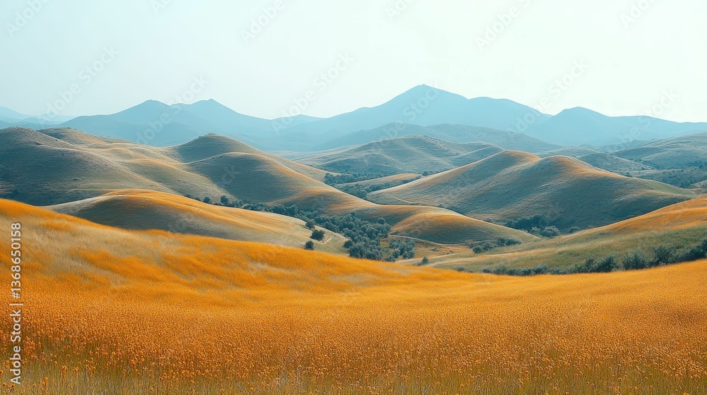Fototapeta premium Golden wildflowers blanket rolling hills, mountains loom.