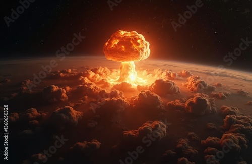 Aerial view of nuclear explosion. Atomic mushroom cloud over planet Earth. Global catastrophe, threat from space, World War III, armageddon, end times, nuclear war, climate changes.