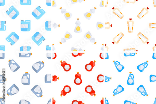 Cleaning product bottles forming a seamless pattern on white background