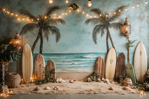 Tropical beach backdrop with vintage decorations and surfboards