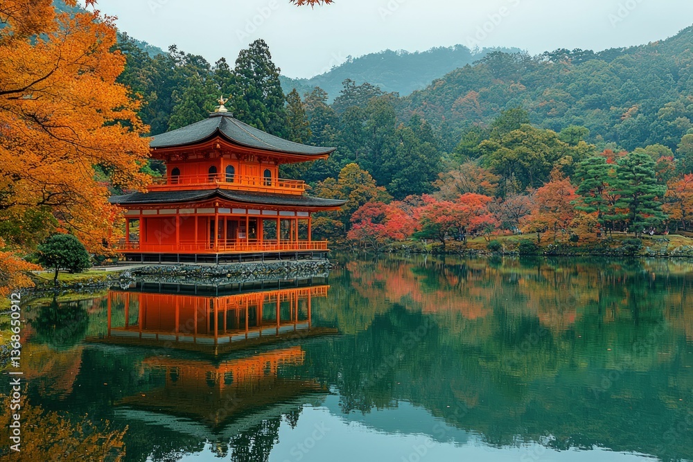 Obraz premium Serene autumn pavilion reflected in still water
