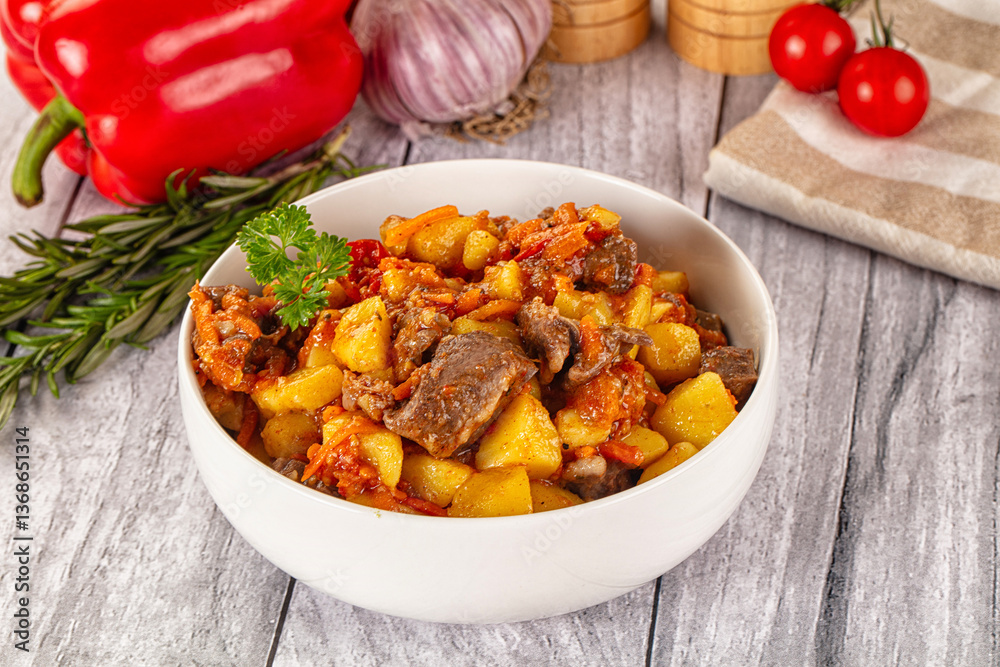 Rogiut with meat, potato and tomatoes Rogiut with meat, potato and tomatoes