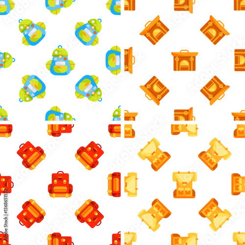 Seamless pattern with colorful backpacks and travel bags for camping and hiking