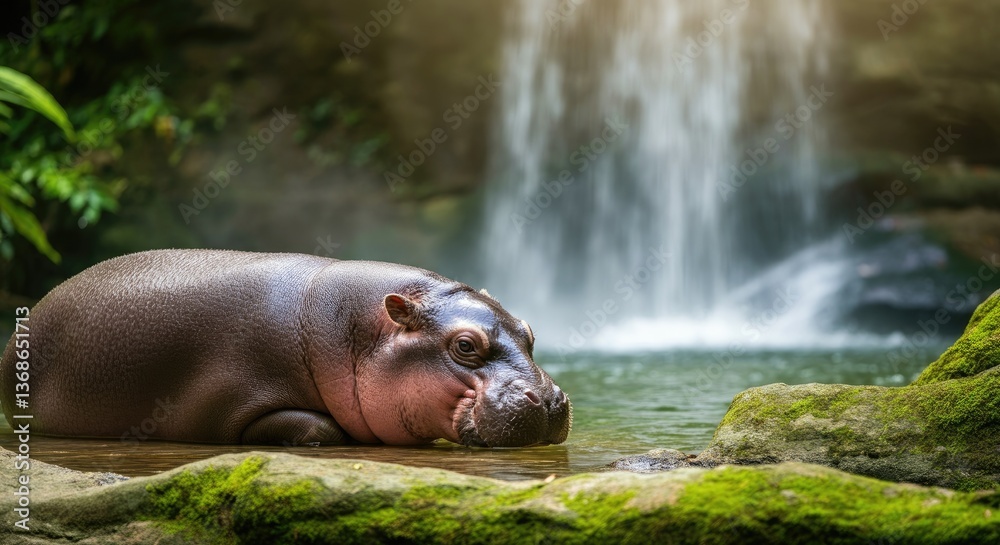 Fototapeta premium Baby hippo resting by waterfall in lush jungle setting