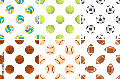Sport ball pattern repeating on white background, including volleyball, tennis, soccer, basketball, baseball and rugby balls