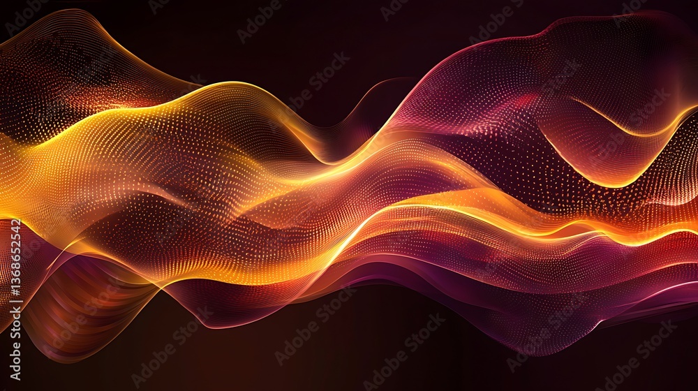 Fototapeta premium Abstract digital waves of vibrant gold and purple hues, with dotted textures, flowing over a dark background