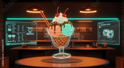 Ice Cream Sundae with Cherries and Straw on Bar Table