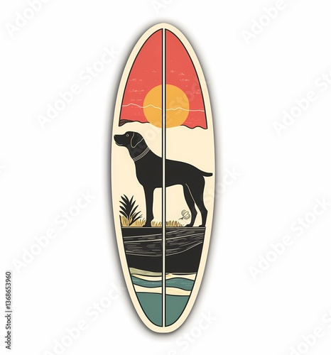 Cartoon black dog standing on beach with ocean waves and sunset inside decorative surfboard shape in tropical summer style