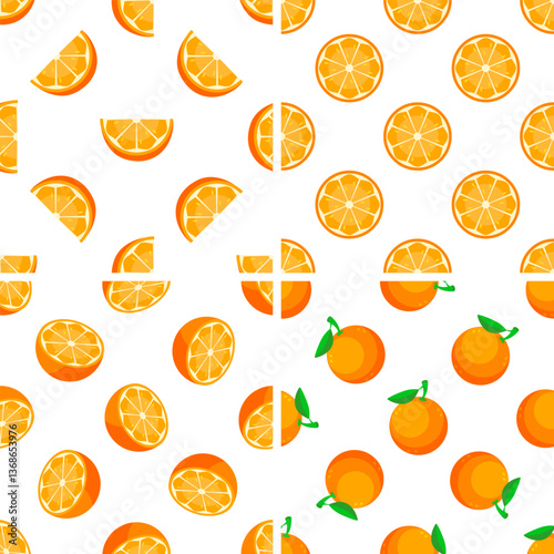 Seamless pattern with oranges, slices and halves creating a vibrant citrus design