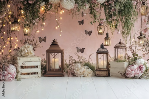 Design with dusty rose backdrop wooden grilles dark peonys lanterns grass butterflies vintage aesthetic cakesmash