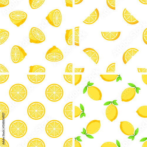 Seamless pattern with fresh lemons, halves, and slices showing the juicy pulp